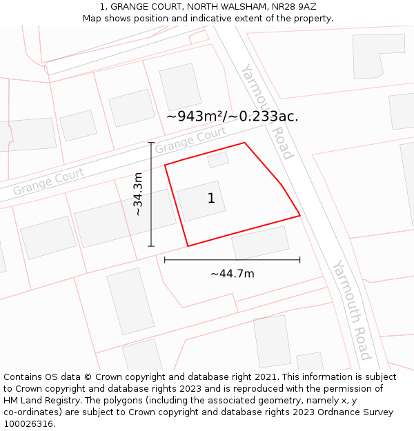 1, GRANGE COURT, NORTH WALSHAM, NR28 9AZ: Plot and title map