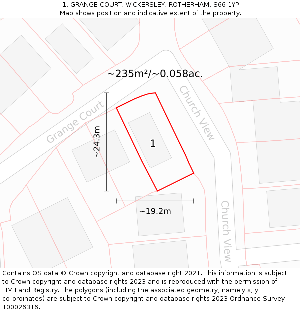 1, GRANGE COURT, WICKERSLEY, ROTHERHAM, S66 1YP: Plot and title map