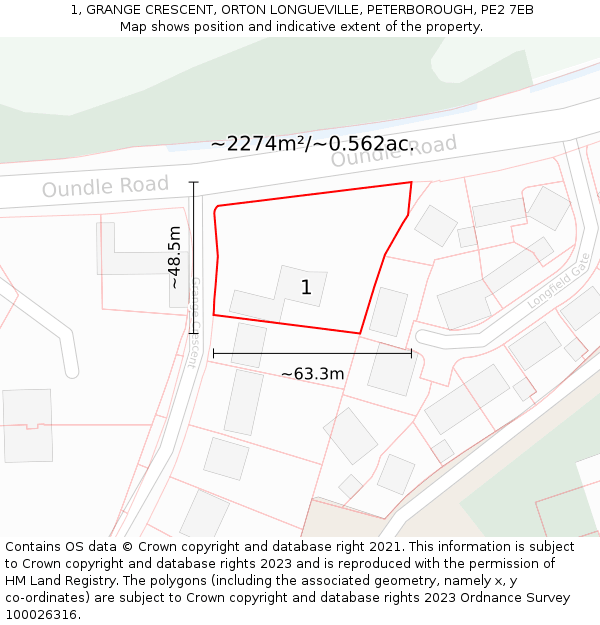 1, GRANGE CRESCENT, ORTON LONGUEVILLE, PETERBOROUGH, PE2 7EB: Plot and title map