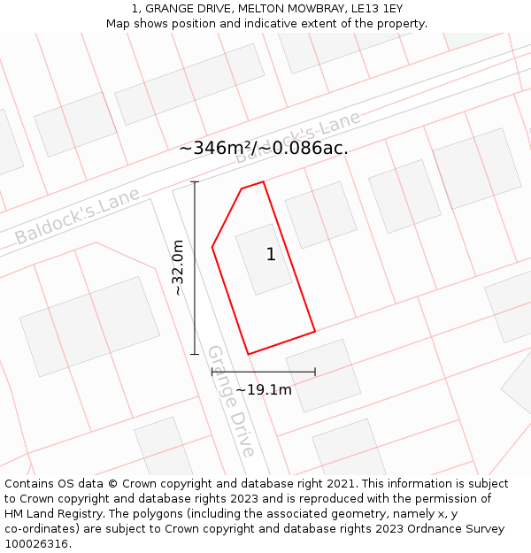 1, GRANGE DRIVE, MELTON MOWBRAY, LE13 1EY: Plot and title map