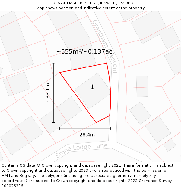 1, GRANTHAM CRESCENT, IPSWICH, IP2 9PD: Plot and title map