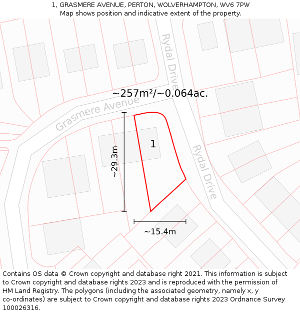 1, GRASMERE AVENUE, PERTON, WOLVERHAMPTON, WV6 7PW: Plot and title map