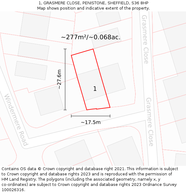 1, GRASMERE CLOSE, PENISTONE, SHEFFIELD, S36 8HP: Plot and title map