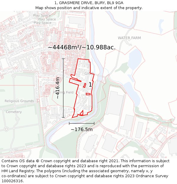 1, GRASMERE DRIVE, BURY, BL9 9GA: Plot and title map