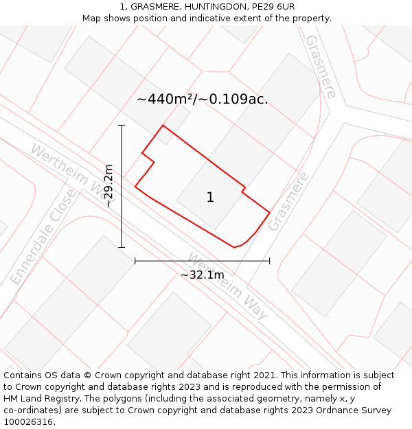 1, GRASMERE, HUNTINGDON, PE29 6UR: Plot and title map