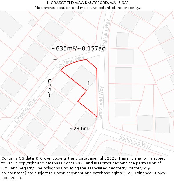 1, GRASSFIELD WAY, KNUTSFORD, WA16 9AF: Plot and title map