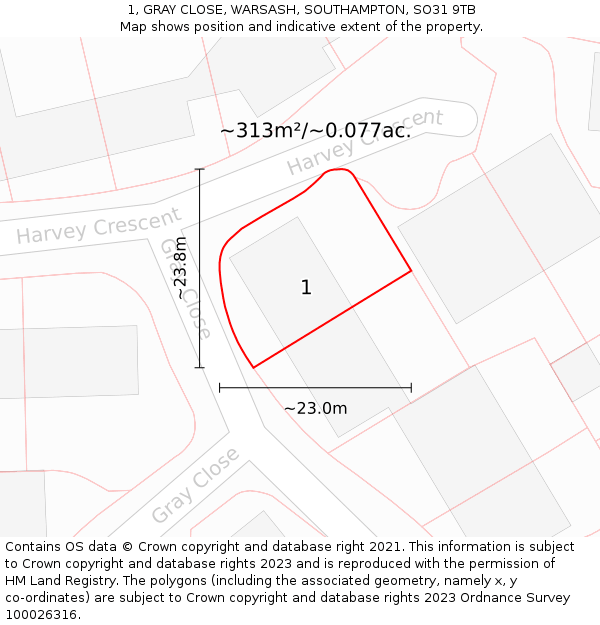 1, GRAY CLOSE, WARSASH, SOUTHAMPTON, SO31 9TB: Plot and title map