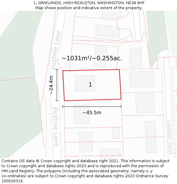 1, GRAYLANDS, HIGH RICKLETON, WASHINGTON, NE38 9HF: Plot and title map
