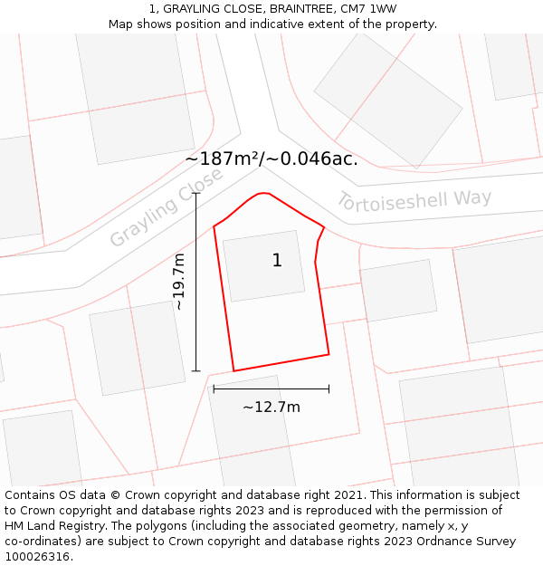 1, GRAYLING CLOSE, BRAINTREE, CM7 1WW: Plot and title map