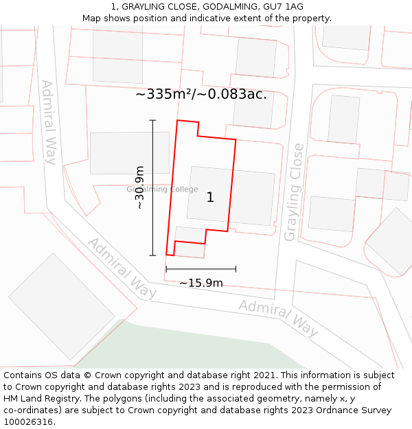 1, GRAYLING CLOSE, GODALMING, GU7 1AG: Plot and title map