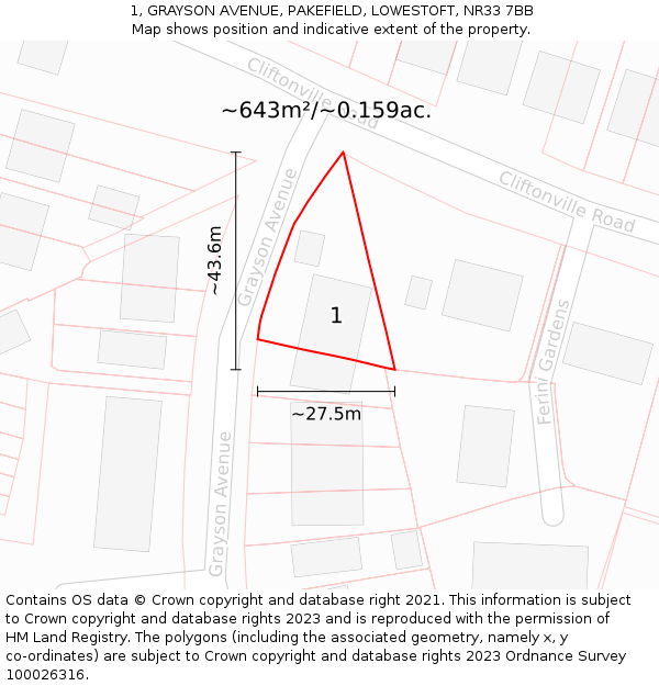 1, GRAYSON AVENUE, PAKEFIELD, LOWESTOFT, NR33 7BB: Plot and title map