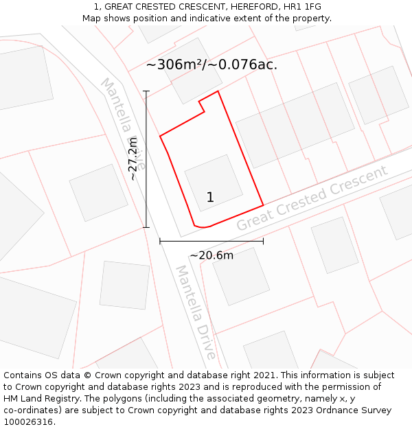 1, GREAT CRESTED CRESCENT, HEREFORD, HR1 1FG: Plot and title map