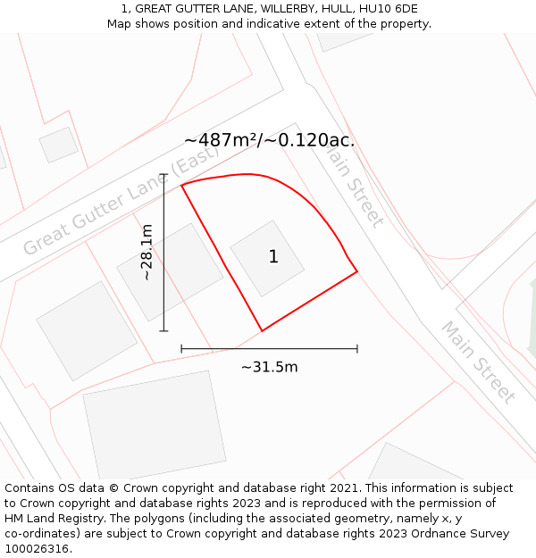 1, GREAT GUTTER LANE, WILLERBY, HULL, HU10 6DE: Plot and title map