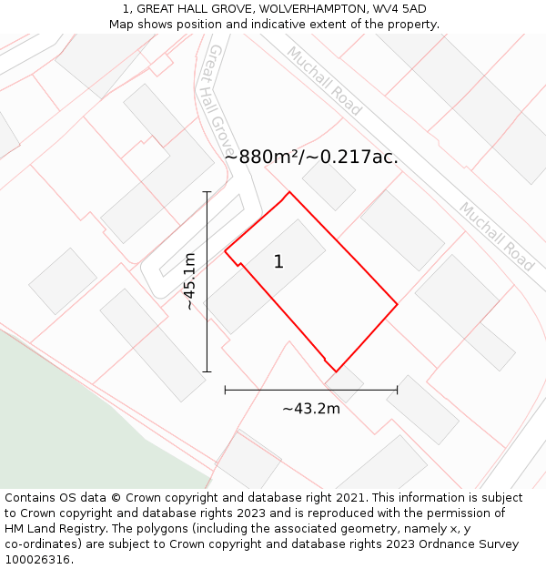 1, GREAT HALL GROVE, WOLVERHAMPTON, WV4 5AD: Plot and title map