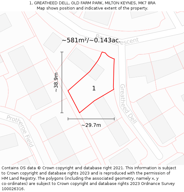1, GREATHEED DELL, OLD FARM PARK, MILTON KEYNES, MK7 8RA: Plot and title map
