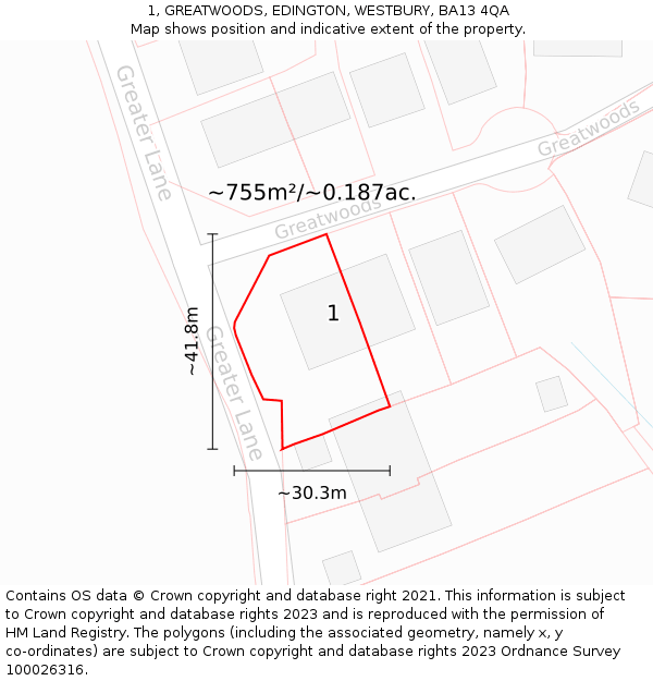 1, GREATWOODS, EDINGTON, WESTBURY, BA13 4QA: Plot and title map