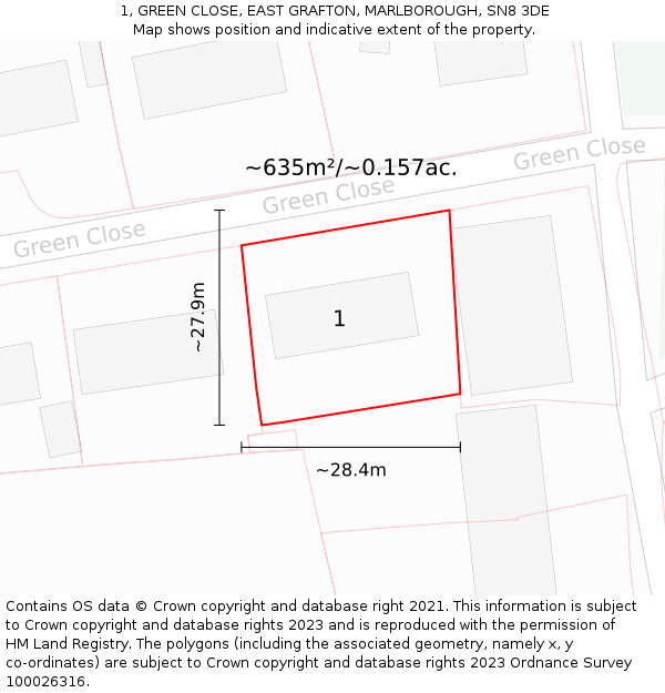 1, GREEN CLOSE, EAST GRAFTON, MARLBOROUGH, SN8 3DE: Plot and title map