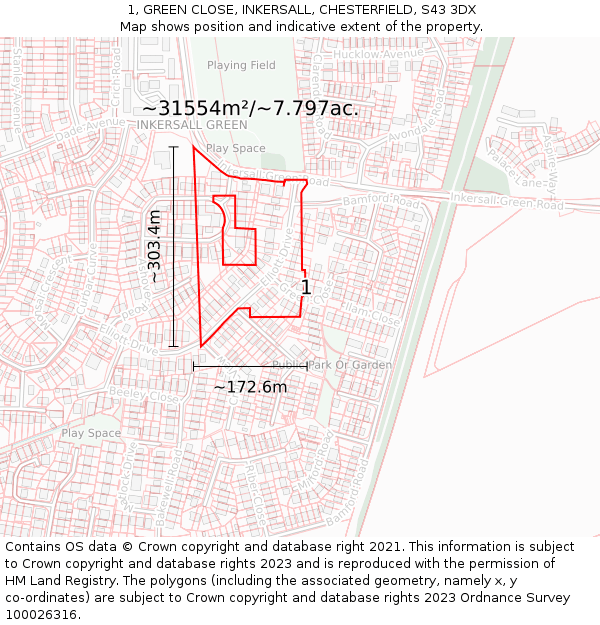 1, GREEN CLOSE, INKERSALL, CHESTERFIELD, S43 3DX: Plot and title map