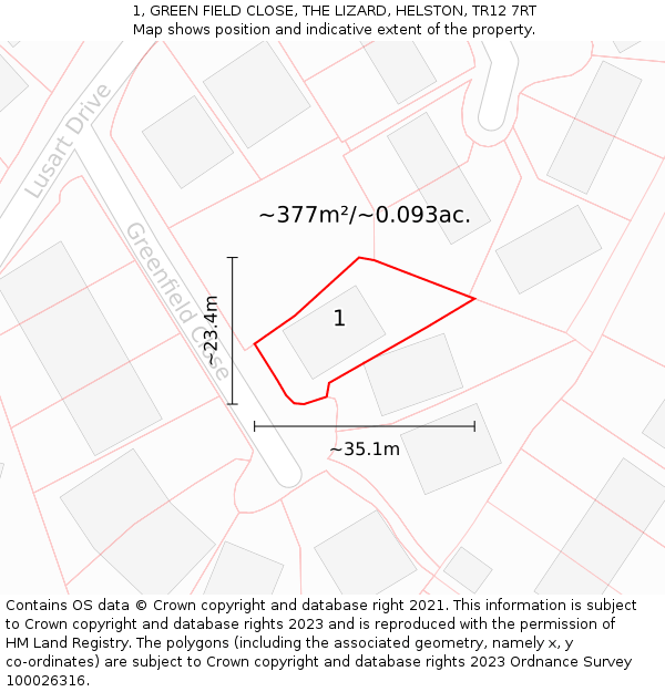 1, GREEN FIELD CLOSE, THE LIZARD, HELSTON, TR12 7RT: Plot and title map