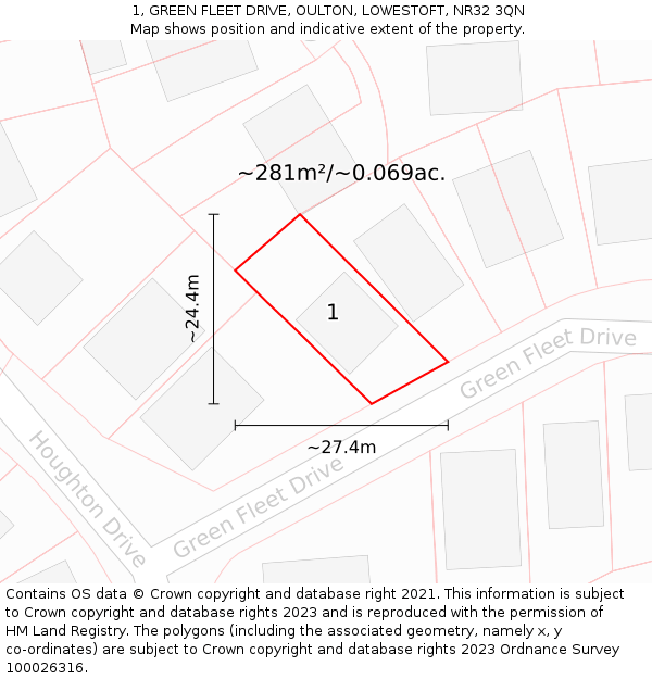 1, GREEN FLEET DRIVE, OULTON, LOWESTOFT, NR32 3QN: Plot and title map