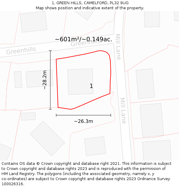 1, GREEN HILLS, CAMELFORD, PL32 9UG: Plot and title map