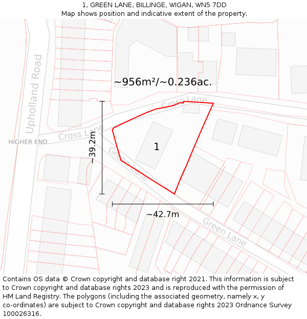 1, GREEN LANE, BILLINGE, WIGAN, WN5 7DD: Plot and title map