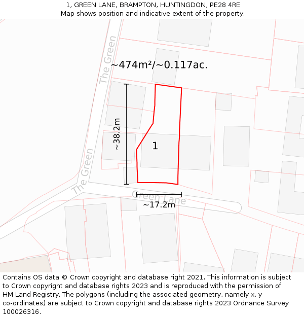 1, GREEN LANE, BRAMPTON, HUNTINGDON, PE28 4RE: Plot and title map