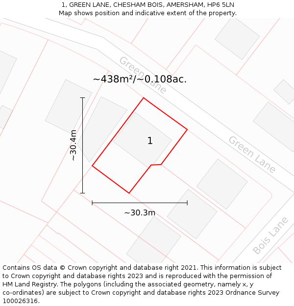 1, GREEN LANE, CHESHAM BOIS, AMERSHAM, HP6 5LN: Plot and title map