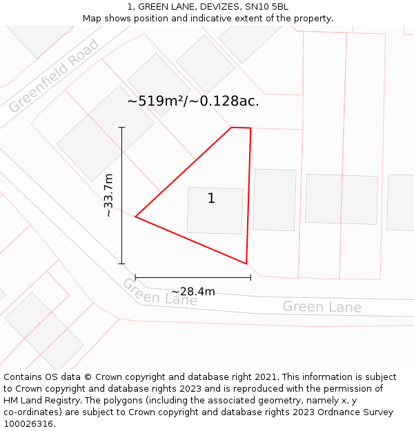 1, GREEN LANE, DEVIZES, SN10 5BL: Plot and title map