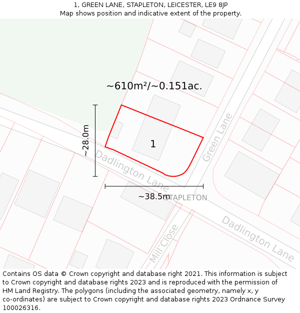 1, GREEN LANE, STAPLETON, LEICESTER, LE9 8JP: Plot and title map