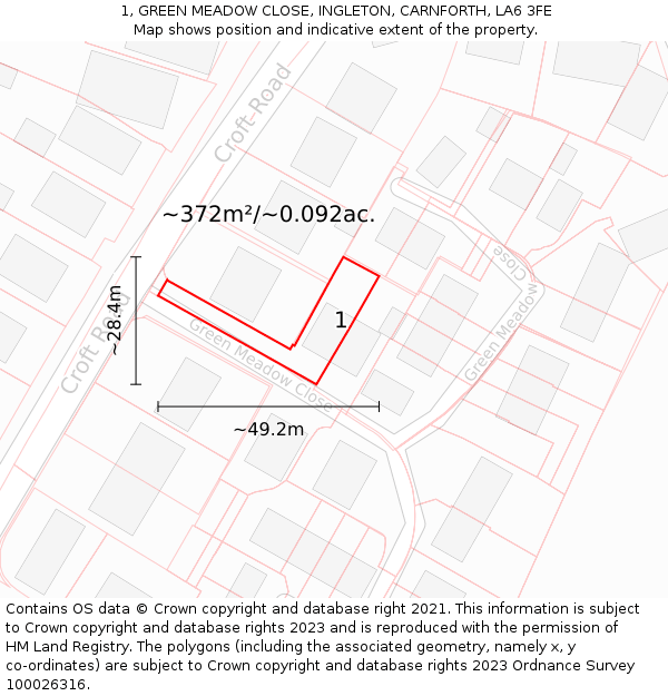 1, GREEN MEADOW CLOSE, INGLETON, CARNFORTH, LA6 3FE: Plot and title map