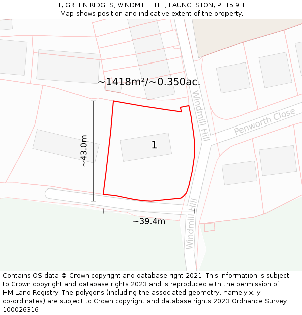 1, GREEN RIDGES, WINDMILL HILL, LAUNCESTON, PL15 9TF: Plot and title map