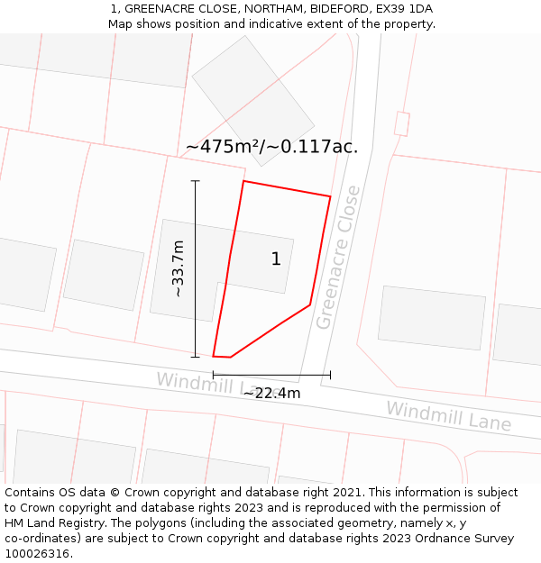 1, GREENACRE CLOSE, NORTHAM, BIDEFORD, EX39 1DA: Plot and title map