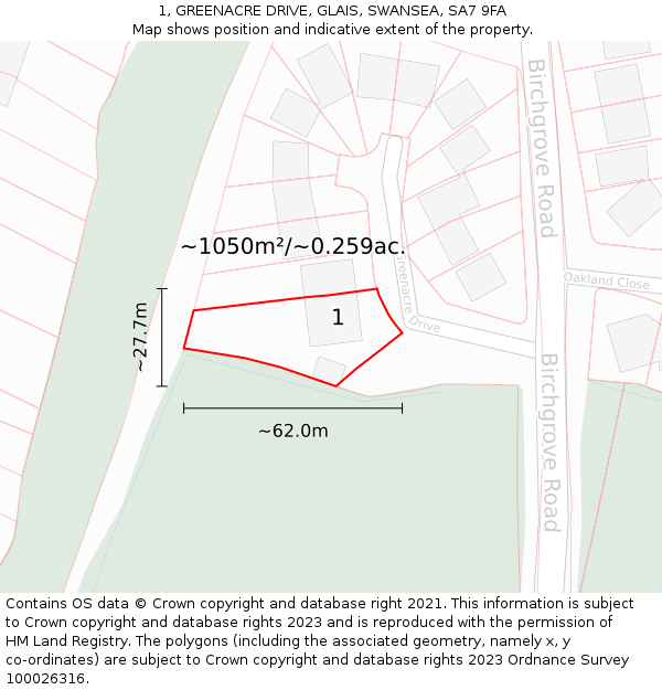 1, GREENACRE DRIVE, GLAIS, SWANSEA, SA7 9FA: Plot and title map