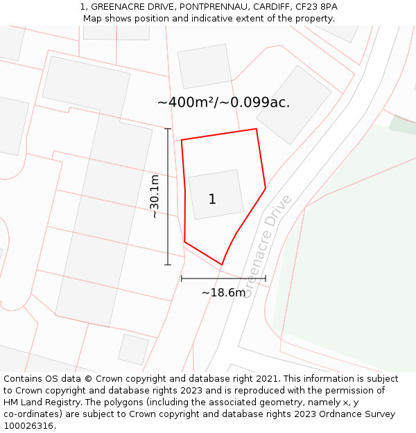 1, GREENACRE DRIVE, PONTPRENNAU, CARDIFF, CF23 8PA: Plot and title map