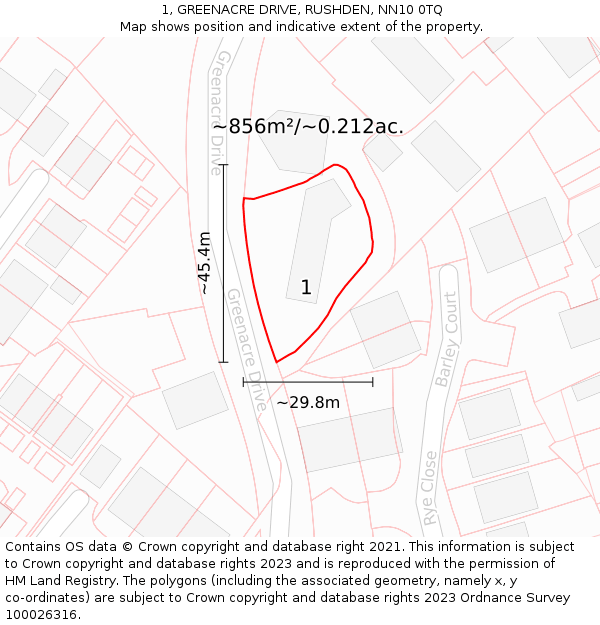 1, GREENACRE DRIVE, RUSHDEN, NN10 0TQ: Plot and title map