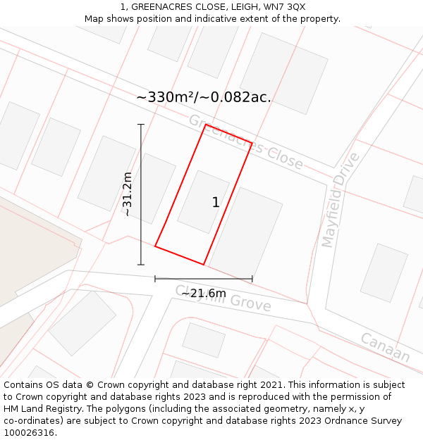 1, GREENACRES CLOSE, LEIGH, WN7 3QX: Plot and title map