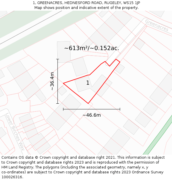 1, GREENACRES, HEDNESFORD ROAD, RUGELEY, WS15 1JP: Plot and title map