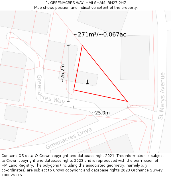 1, GREENACRES WAY, HAILSHAM, BN27 2HZ: Plot and title map
