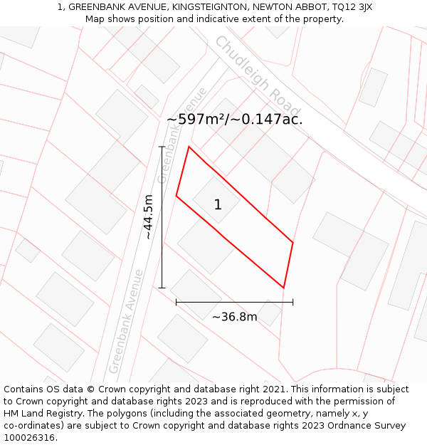 1, GREENBANK AVENUE, KINGSTEIGNTON, NEWTON ABBOT, TQ12 3JX: Plot and title map