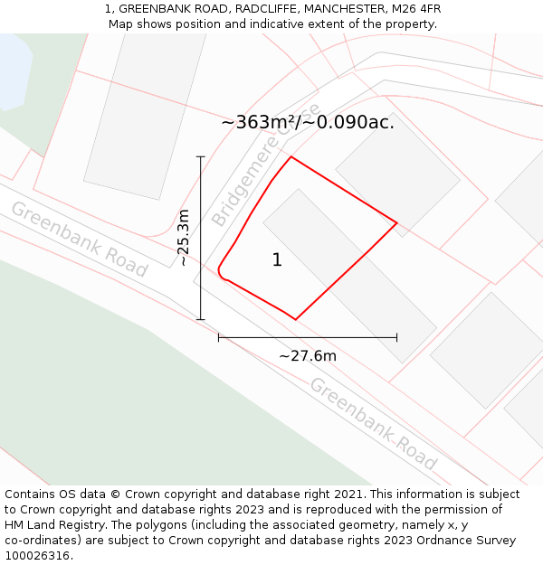 1, GREENBANK ROAD, RADCLIFFE, MANCHESTER, M26 4FR: Plot and title map