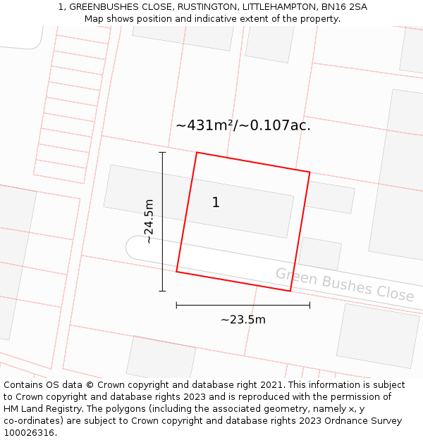 1, GREENBUSHES CLOSE, RUSTINGTON, LITTLEHAMPTON, BN16 2SA: Plot and title map