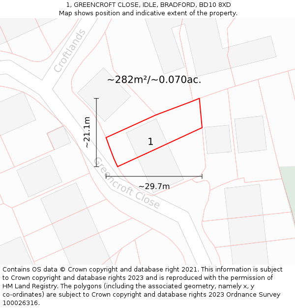 1, GREENCROFT CLOSE, IDLE, BRADFORD, BD10 8XD: Plot and title map