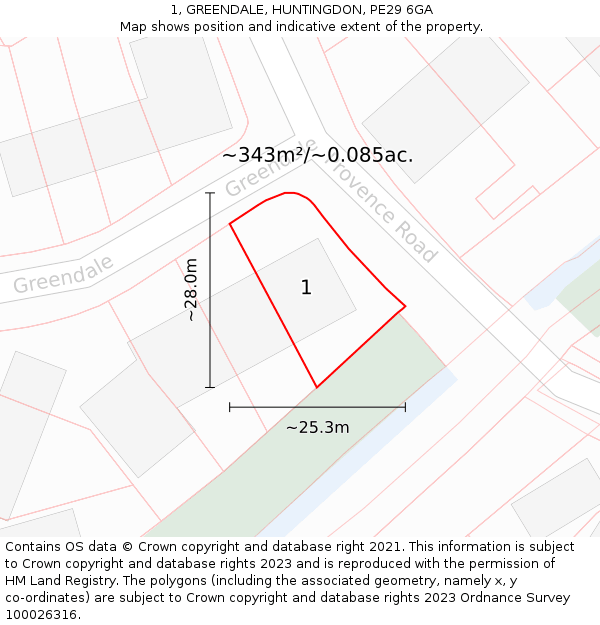 1, GREENDALE, HUNTINGDON, PE29 6GA: Plot and title map