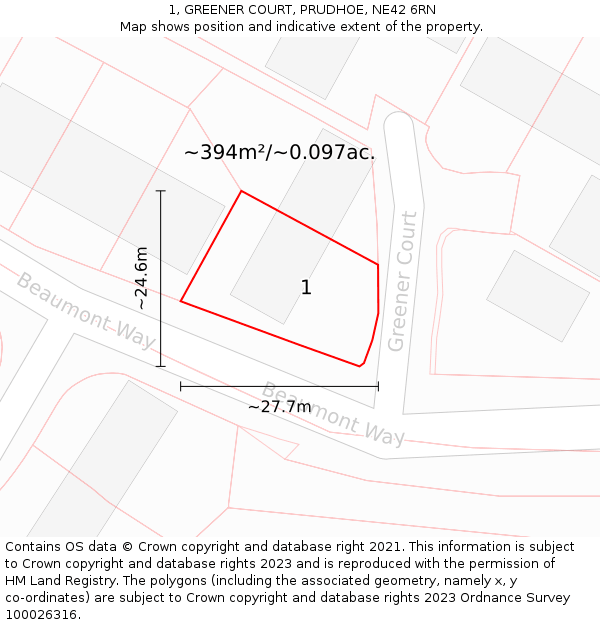 1, GREENER COURT, PRUDHOE, NE42 6RN: Plot and title map