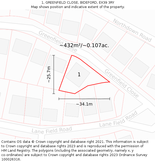 1, GREENFIELD CLOSE, BIDEFORD, EX39 3RY: Plot and title map