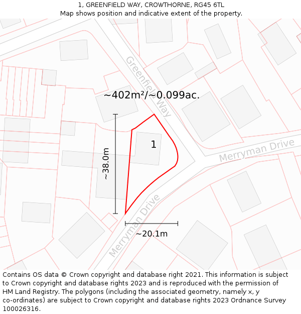 1, GREENFIELD WAY, CROWTHORNE, RG45 6TL: Plot and title map