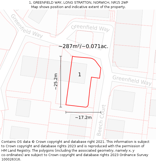 1, GREENFIELD WAY, LONG STRATTON, NORWICH, NR15 2WP: Plot and title map