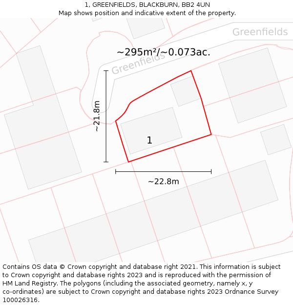1, GREENFIELDS, BLACKBURN, BB2 4UN: Plot and title map