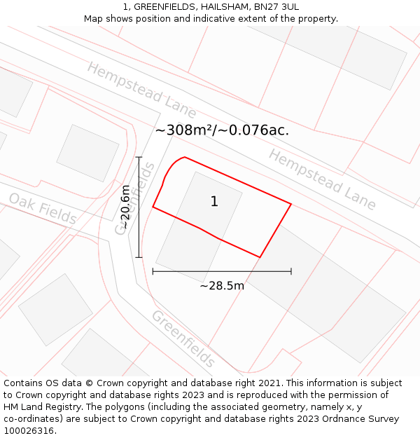 1, GREENFIELDS, HAILSHAM, BN27 3UL: Plot and title map